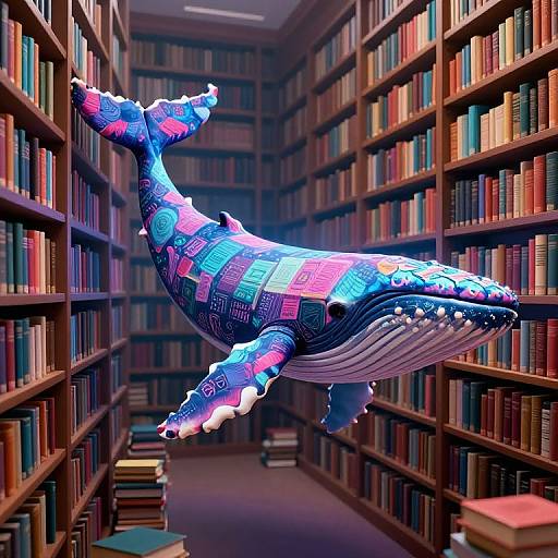 Surreal Technicolor Whale in Library