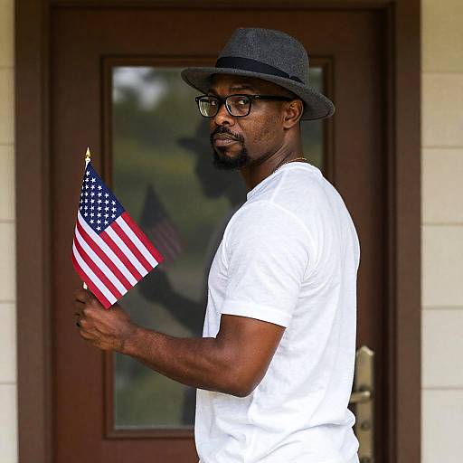 Portrait of a Man with Fedora and Flag