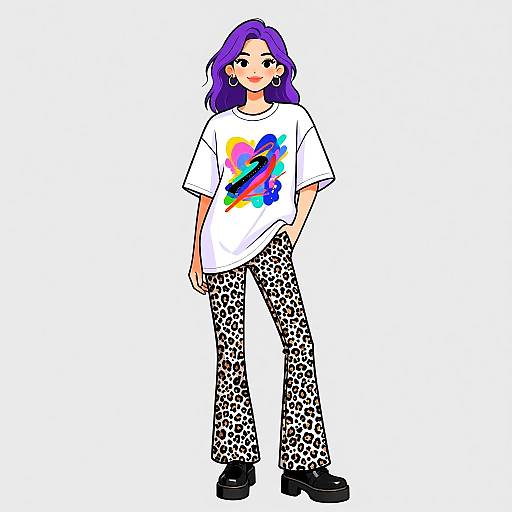 Digital illustration of a purple-haired woman in a white T-shirt with colorful swirls, black and white leopard-print pants, and black platform shoes, standing