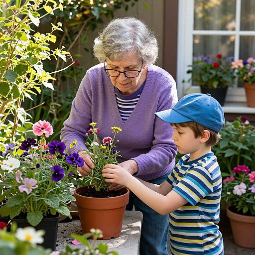 Grandmother and Grandson Gardening Together