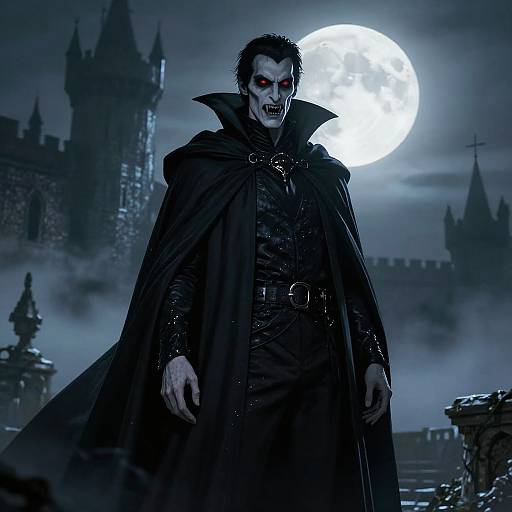 Digital artwork of a menacing vampire with pale skin, red eyes, and sharp fangs, wearing a black cloak, under a full moon with a Gothic