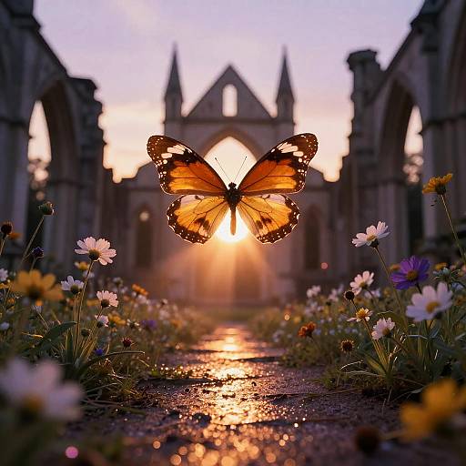 Amber Mechanical Butterfly Over Ruins