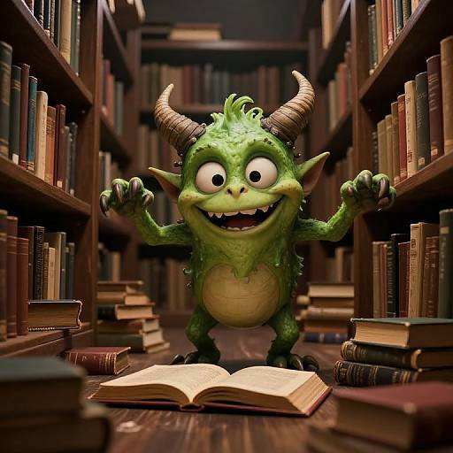 CGI image of a green, horned, mischievous goblin with wide eyes and sharp teeth, standing in a library aisle with books,