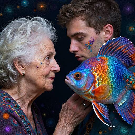 Photograph of an elderly woman with white hair, colorful face paint, and a patterned shirt, gently holding a vibrant, multicolored goldfish