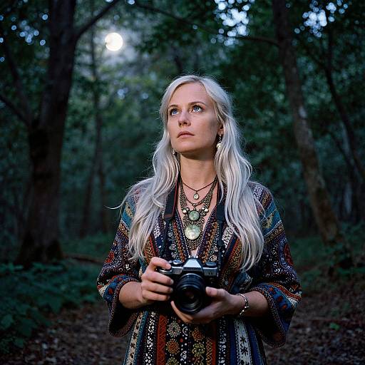 Photograph of a blonde woman with long hair, wearing a colorful patterned shirt, holding a camera, standing in a forest at dusk.