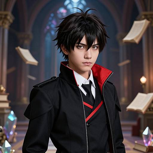 Digital anime-style portrait of a young man with black spiky hair, wearing a black jacket with red accents, standing in a dimly lit, go