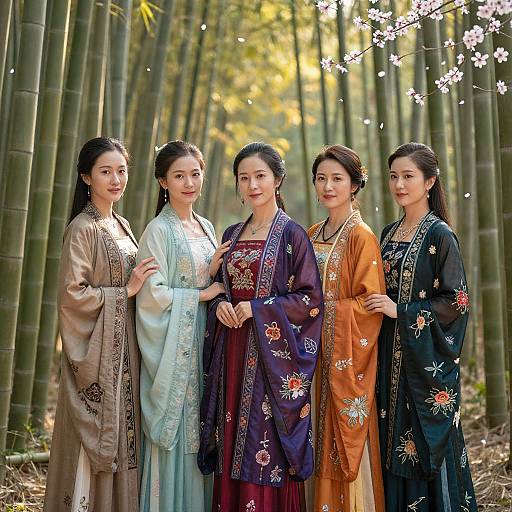 Photograph of five Asian women in traditional Korean hanboks with intricate embroidery, standing in a bamboo forest with cherry blossoms.