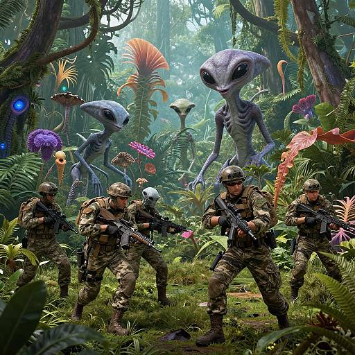 Digital artwork of four soldiers in camouflage, armed and crouching in a lush, alien jungle, facing three large, gray, alien creatures with large