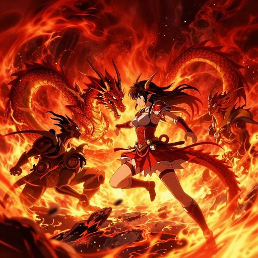 Anime-style digital art: Female warrior with long black hair, red outfit, and thigh-high boots battles armored opponent, surrounded by fiery red dragons.