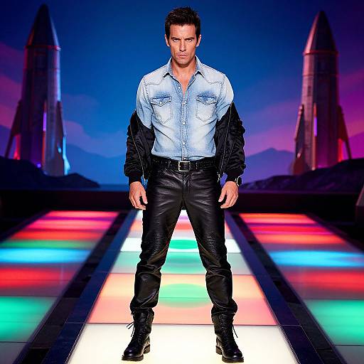 Photograph of a muscular, attractive man in a light blue denim shirt and black leather pants, standing on a glowing, colorful runway with rocket silhou
