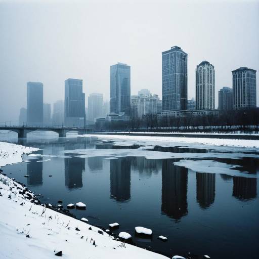 Winter City Skyline by Frozen River