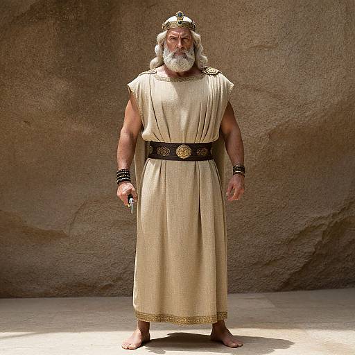 CGI image of a muscular, bearded old man with white hair, wearing a gold toga, black belt, and bracelets, standing barefoot