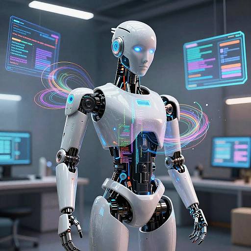Photograph of a sleek, white humanoid robot with blue glowing eyes and circular, rainbow-hued energy patterns, standing in a modern, dimly-l
