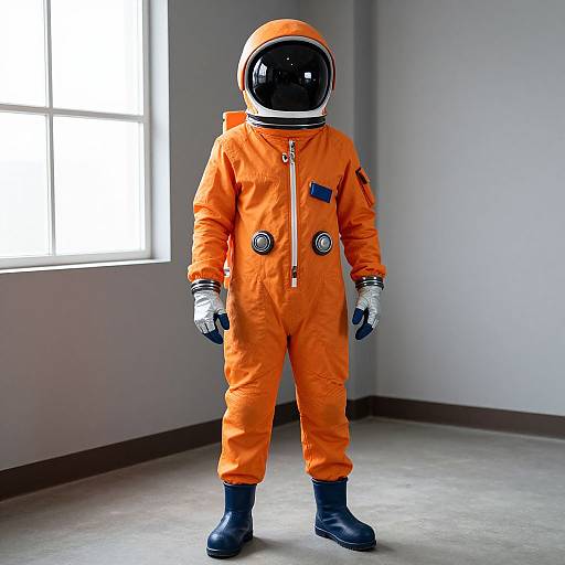 Photograph of a child in an orange astronaut suit with a black helmet, white gloves, and blue boots, standing in a gray-walled room with