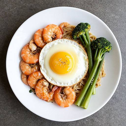 Photograph of a white plate with a sunny-side-up egg, shrimp, broccoli, and noodles, set on a dark gray surface.