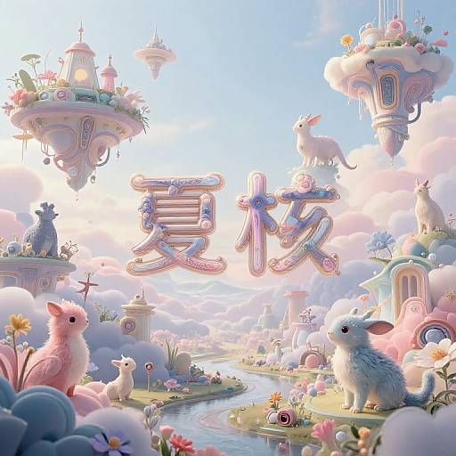 Whimsical digital artwork: pastel-colored floating islands, bunny and sheep sculptures, pink and blue balloons with Chinese characters, flower-filled landscape, soft