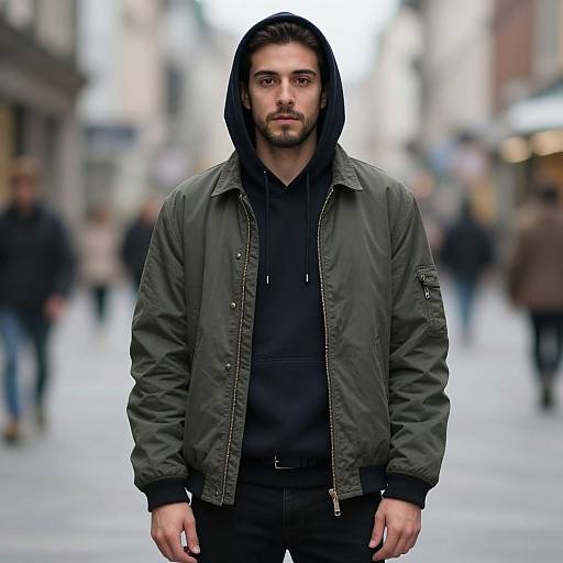 Photograph of a serious-looking man with dark hair, beard, and hooded jacket, standing in a blurred urban street background.