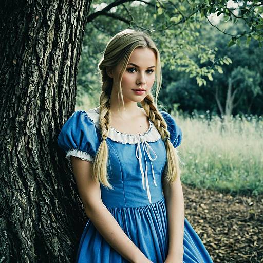 Young Woman in Blue Dress by Tree