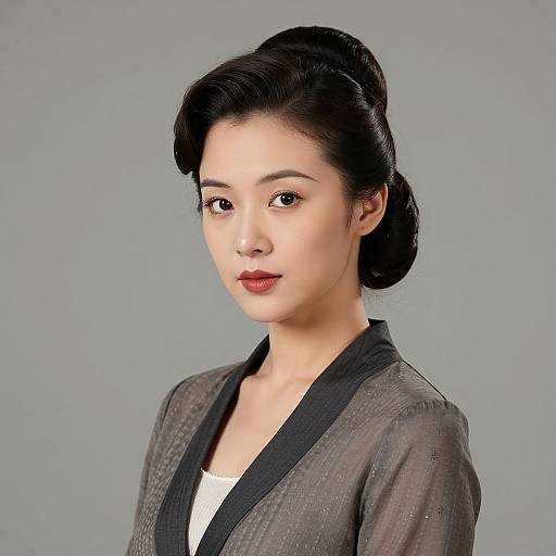 Photograph of an Asian woman with fair skin, red lips, and black hair in a traditional updo, wearing a grey, sheer kimono with