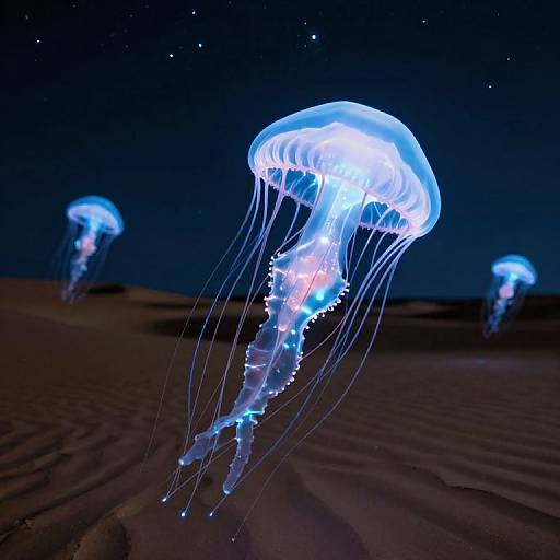 Photograph of glowing blue jellyfish with long, translucent tentacles floating in a dark, starry ocean, illuminated against a sandy seabed.