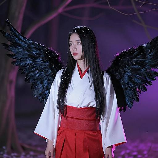 Asian Woman in Hakama with Black Feathered Wings in Magical Forest