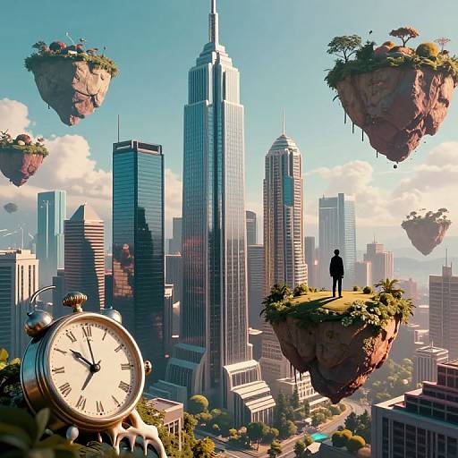 Digital art of a surreal cityscape with floating islands, skyscrapers, and a large clock. A lone figure stands on a floating island. Bright