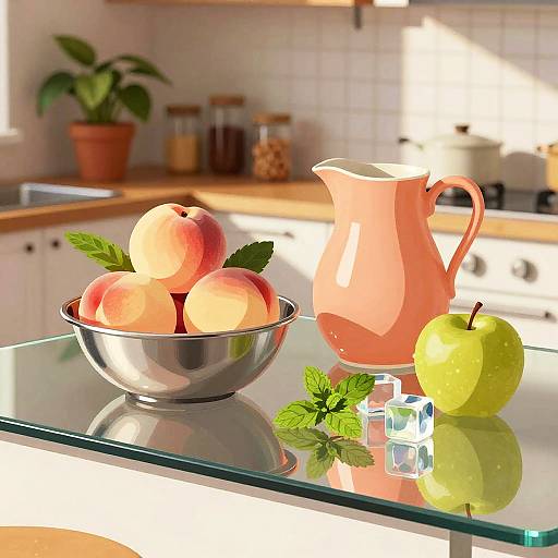 Still Life with Fruit and Pitcher on Glass Kitchen Island