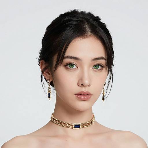 Photograph of a young woman with fair skin, green eyes, black hair in a loose bun, wearing gold earrings and choker, against a white