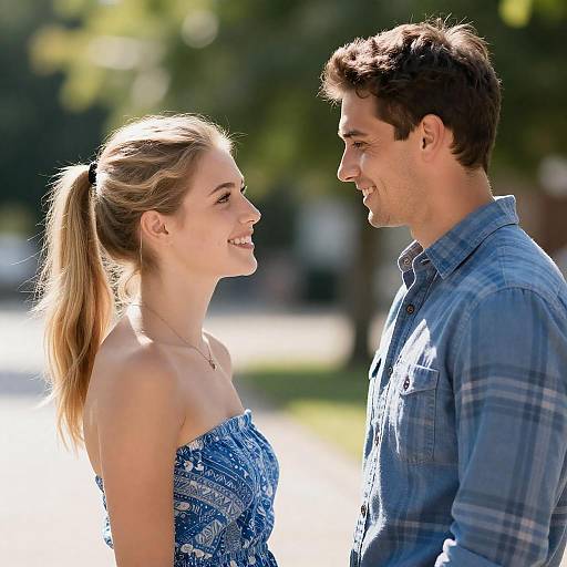 Smiling Young Couple in Sunlit Outdoors