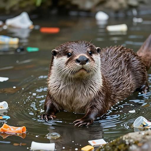 Photograph of a wet, dark brown otter with a white chest, standing in polluted water, surrounded by floating trash, looking directly at the camera