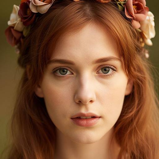 Photograph of a fair-skinned young woman with red hair, wearing a floral crown, blue eyes, and soft natural light highlighting her face.
