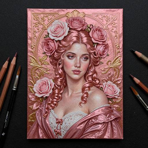 Detailed, digital painting of a fair-skinned woman with pink curls, pink roses in hair, off-shoulder pink gown, lace top, gold