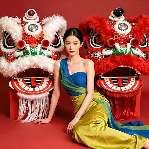 Elegant Asian Woman with Lion Masks