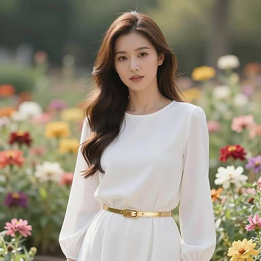 Elegant Asian Woman in White Dress with Gold Belt in Flower Garden