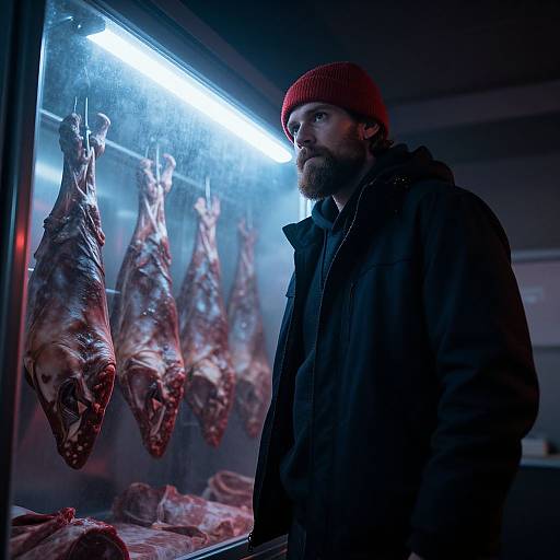 Photograph of a bearded man in a red beanie and black coat, standing in a dimly lit butcher shop with hanging, illuminated meats.