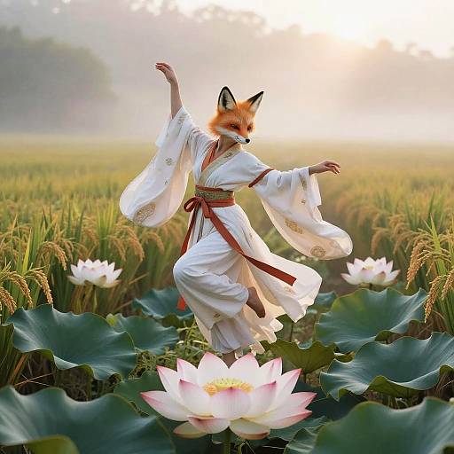 Inari Dancing on Misty Rice Fields