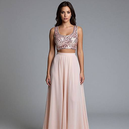 Photograph of a dark-haired woman with medium skin tone, wearing a sparkling, sleeveless crop top and a long, pale pink satin skirt, standing