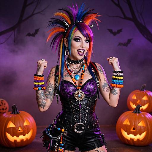 Vibrant punk woman with multicolored hair, tattoos, black lace corset, and colorful beads, poses excitedly in front of glowing jack