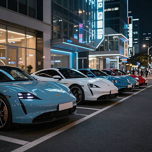 Nighttime photograph of a city street lined with luxury cars, including a blue Porsche, white Porsche, and red sports car, parked in front of illuminated