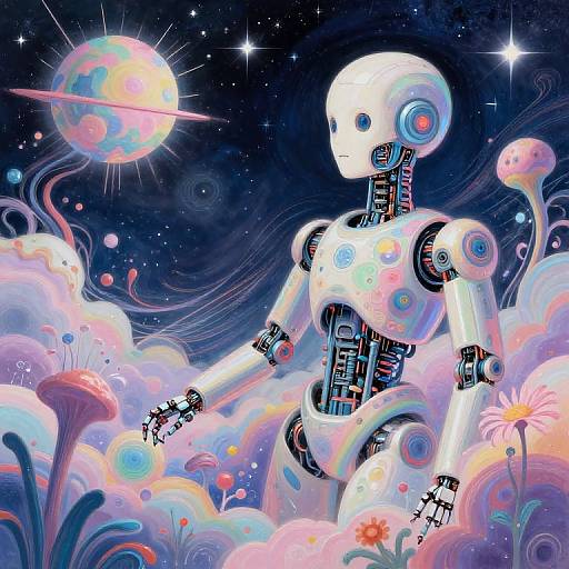 Digital art of a white, robotic humanoid with colorful, swirling patterns, standing in a dreamy, cosmic landscape with a rainbow planet and vibrant, eth