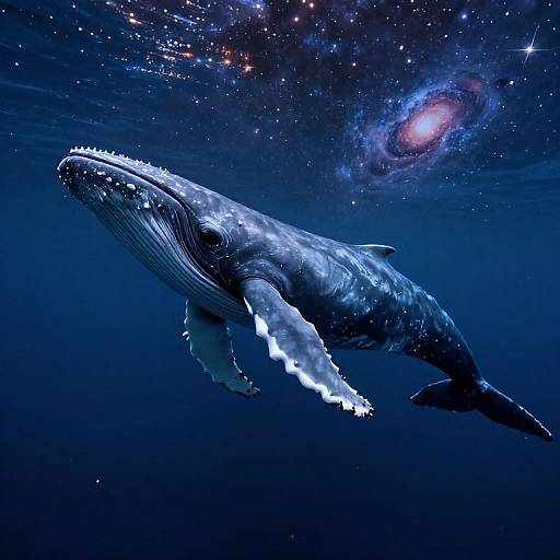 Digital art of a massive blue whale with glowing white edges, swimming in a deep blue ocean under a starry sky with a visible galaxy.