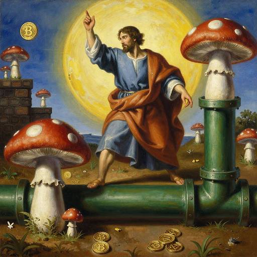 Digital painting of Jesus in blue and brown robes, standing on a green pipe with giant red mushrooms, pointing at a glowing yellow sun, surrounded by gold