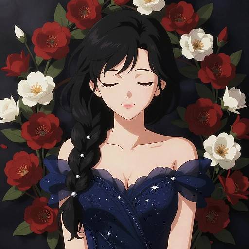 Digital anime-style portrait of a serene young woman with long black hair in a braid, wearing a sparkly navy off-shoulder dress, surrounded