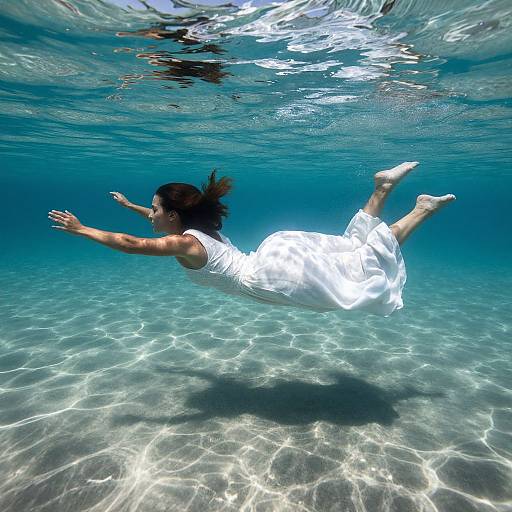 Underwater photograph of a woman with dark hair in a flowing white dress, arms outstretched, swimming above clear, sunlit, sandy bottom.
