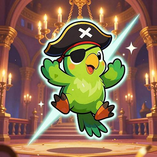 Chibi green parrot pirate with eye patch and black hat, glowing with a light saber, flying in a grand, candlelit hall. Digital art