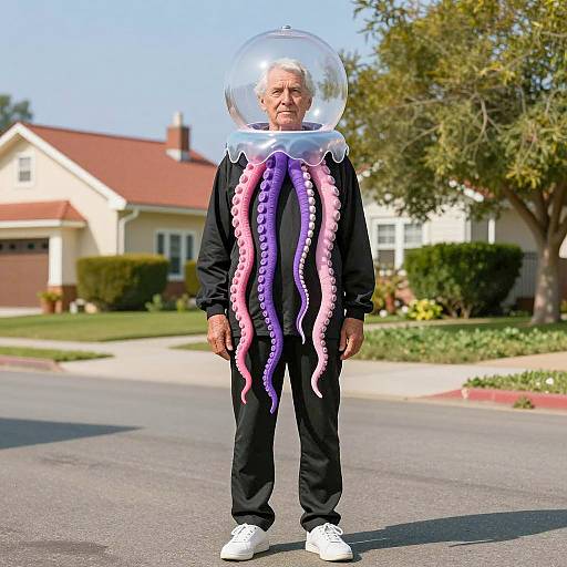 Whimsical Jellyfish Costume in Suburban Setting