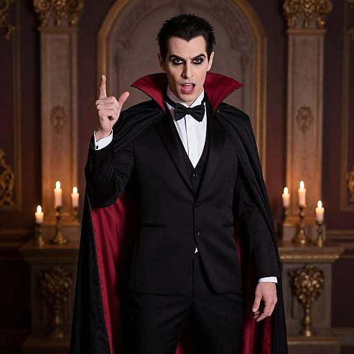 Digital artwork of a pale, dark-haired vampire with black suit, red-lined cape, and black bow tie, pointing a finger, surrounded by lit candles