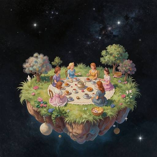 Digital art of six children with diverse hair colors and attire, sitting on a floating grassy island in space, having a tea party with teacups