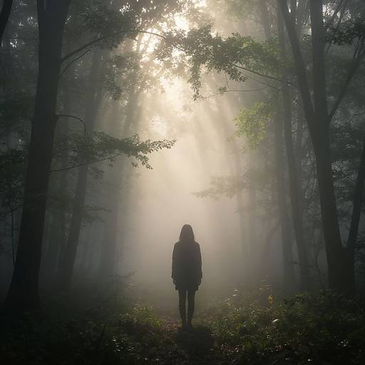 Photograph of a lone, silhouetted person with shoulder-length hair standing in a misty forest, sunlight beams filtering through tall trees.