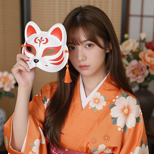 Young Woman in Orange Floral Kimono Holding Fox Mask